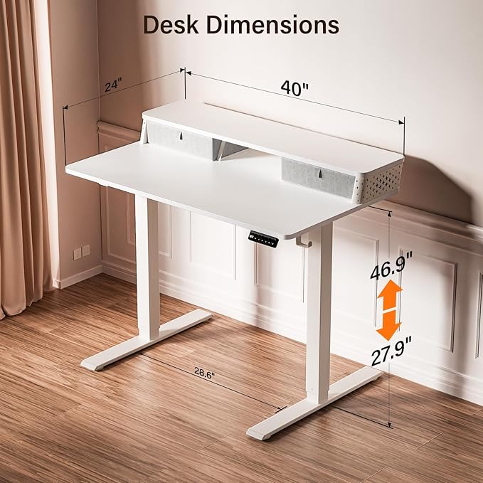 Kingant 40 x 24 Inch Small Electric Standing Desk with Dual Drawers, Height Adjustable Sit to Stand Computer Desk with Storage Shelf and C-Clamp Mount Compatibility for Home Office, White