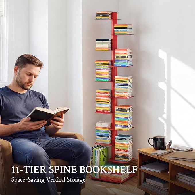 Suchtale 11-Tier Spine Bookshelf Tower,Tall Vertical Book Organizer,Metal Floor Standing Bookshelf for Small Spaces,Narrow Bookcase for Living Room,Bedroom & Office,Adjustable Shelf Directions,Red