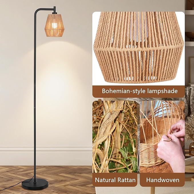 Rattan Floor Lamps for Living Room,Boho Floor Lamp with 3 Color Temperatures,Farmhouse Standing lamp with Hand-Worked Wicker shade,Black tall light for Bedroom,Office,Corner(9W LED Bulb Included)