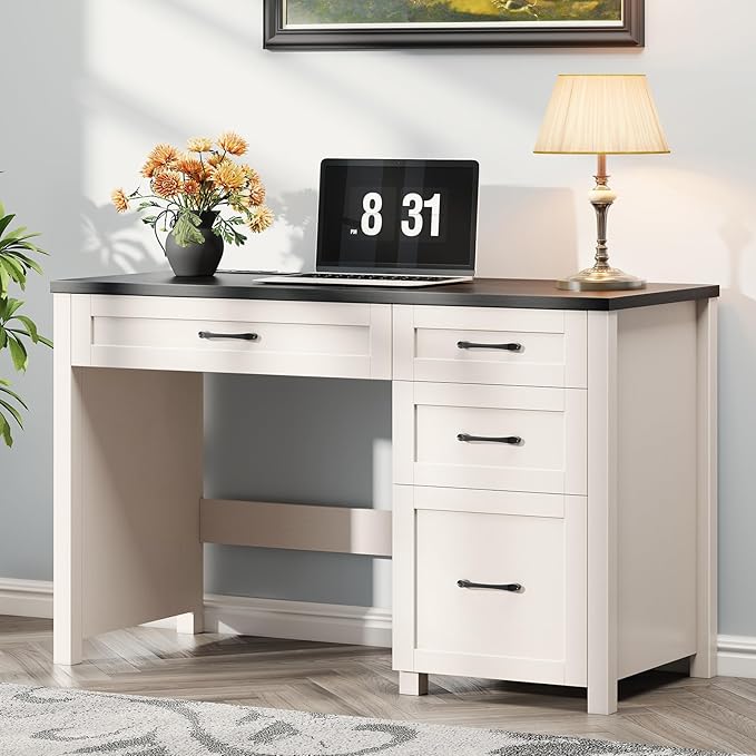 Farmhouse 47" Executive Desk, Computer Desk with File Drawer and Charging Station, Workstation for Home Office, Study（Black）.
