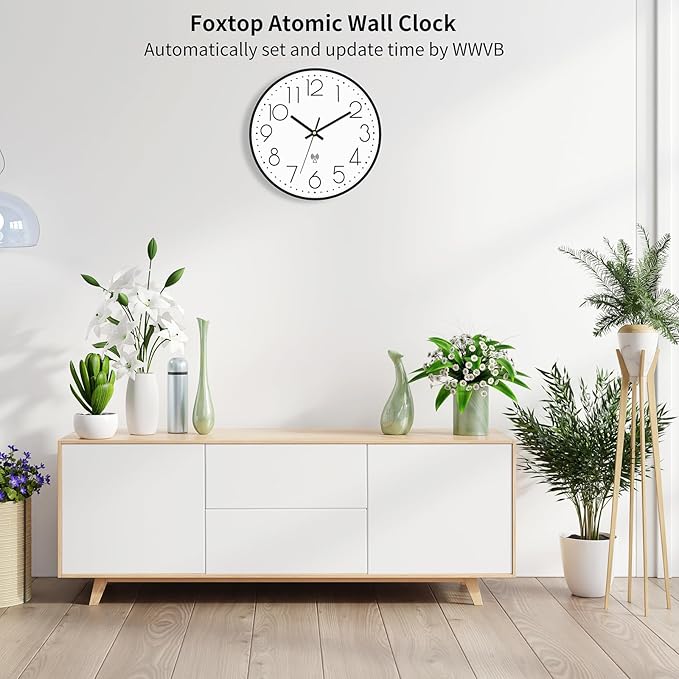 Foxtop Atomic Wall Clock Battery Operated Round Analog Modern Black Wall Clock Sets Automatically for Office Classroom Bedroom Kitchen Living Room