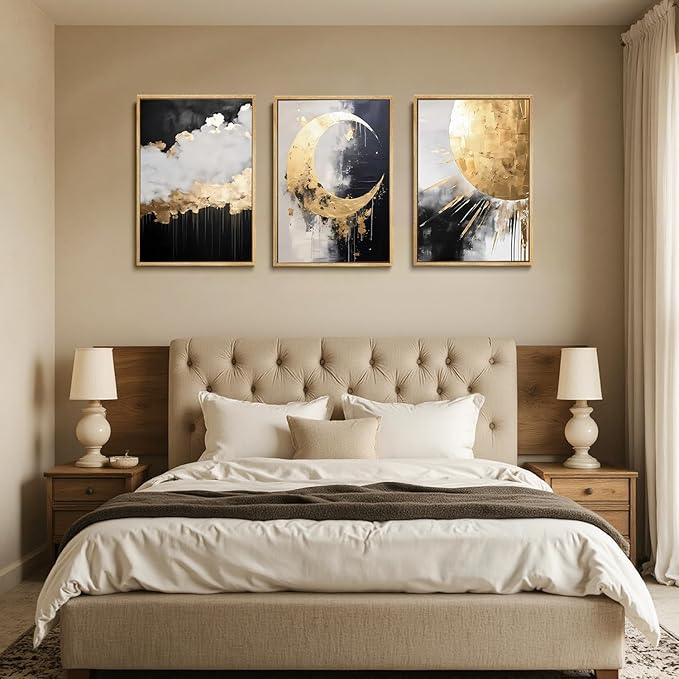 3Pcs Black and Gold Abstract Canvas Wall Art Sun Moon And Cloud Posters Prints Maximalist Pictures Wall Decor For Living Room, Bedroom,bathroom Decoration Unframed