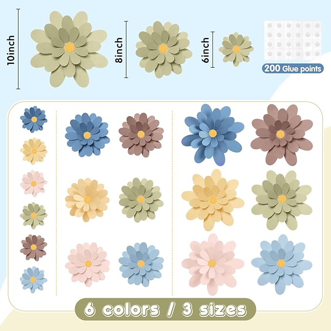 18 Pcs Paper Flowers Decorations for Wall DIY Flower Bulletin Board 3D Fiesta Paper Floral Backdrop Decoration for Photo Backdrop Classroom Back to School Party(Fresh Color)