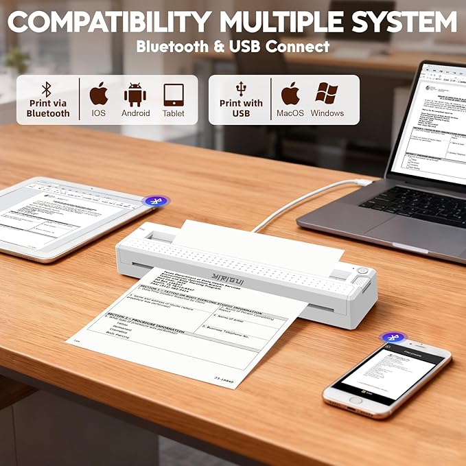 Portable Wireless Inkless Printer for Home Travel, M9 Small Bluetooth Thermal Printer Support 8.5" X 11" Letter & A4 Thermal Paper, Compatible with Phone, PC for School, Office, with 10 Paper