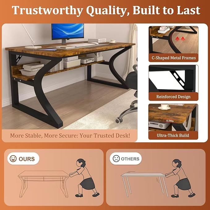 Computer Desk, 55Inch Computer Desk w/Storage Shelves, Home Office Desks w/U Shaped Metal Frame, Study Writing Desk w/Cable Management, Deeper & Thicker Desktop Table for Home Office