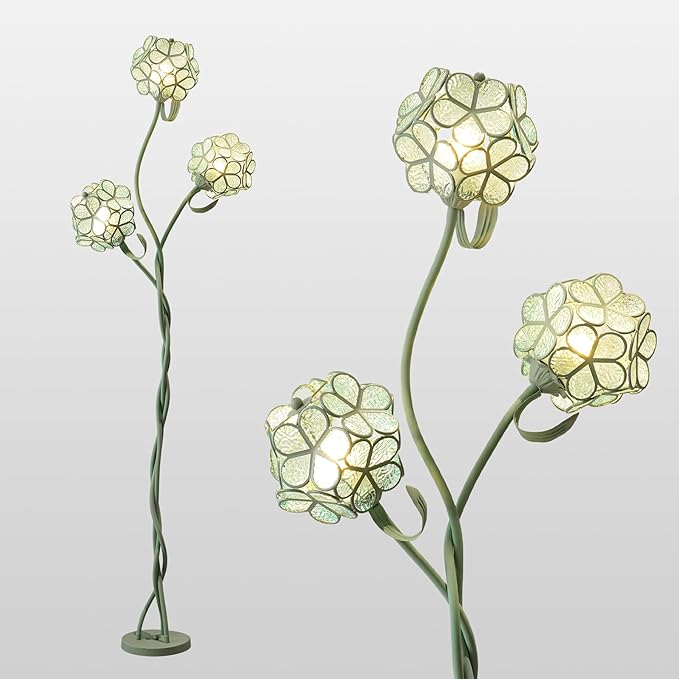 Vintage Tiffany Floral LED Floor Lamp for Living Room, Tall Green Standing Lamp with Adjustable Heads, Unique Flower Light for Bedroom, Artistic Standing Light for Girls Kids Nursery Room Decor