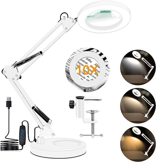 10X Magnifying Glass with Light and Stand, Magnifier with Light Hands Free, 3 Color Modes 10 Level Dimmable, Magnifying Real Glass LED Desk Lamp for Close Work, Repair, Reading, Craft, White