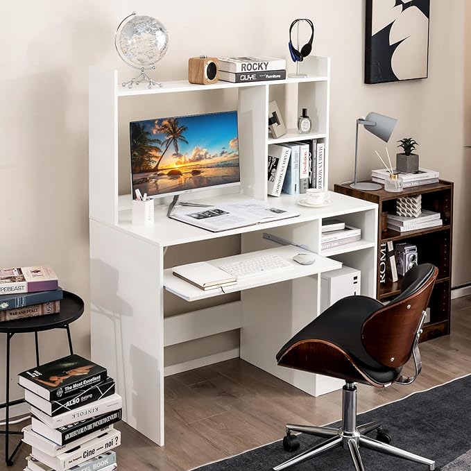 Giantex Computer Desk with Hutch, 43.5 Inch Home Office Desk with Keyboard Tray & Charging Station, Laptop PC Table for Workstation, Modern Study Writing Desk for Small Space, Bedroom, White