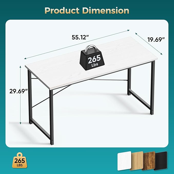 DUMOS 55 Inch Small Computer Desk for Home Office, Modern Study Work Table Simple Style for Bedroom, Writing Desks with X-Shaped Reinforcement, Wood White