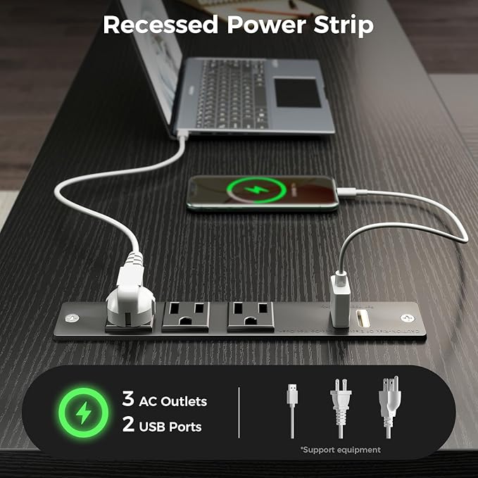 AODK 61" L Shaped Desk with Drawer, Computer Desk with Power Outlets & LED Lights, Reversible Corner Gaming Desk for Home Office Workstation, Office Desk with Monitor Shelf, Pure Black