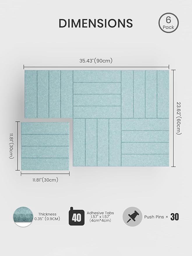 Bumusty Large Cork Board Alternative-36 x 24" Felt Bulletin Board Tiles, with 30 Pushpins, 40 Adhesive Tabs, 6-Pack Slat Wall Paneling, Cork Boards for Office Push Pin Board Felt Board-Aqua Blue
