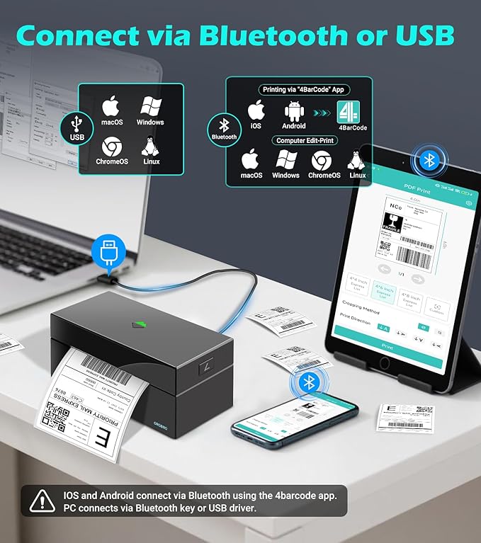 ORGBRO Bluetooth Thermal Shipping Label Printer, Z1-Plus Wireless 4X6 Shipping Label Printer for Small Business Office or Home Support iPhone Android Windows macOS Chrome Amazon Shopify USPS