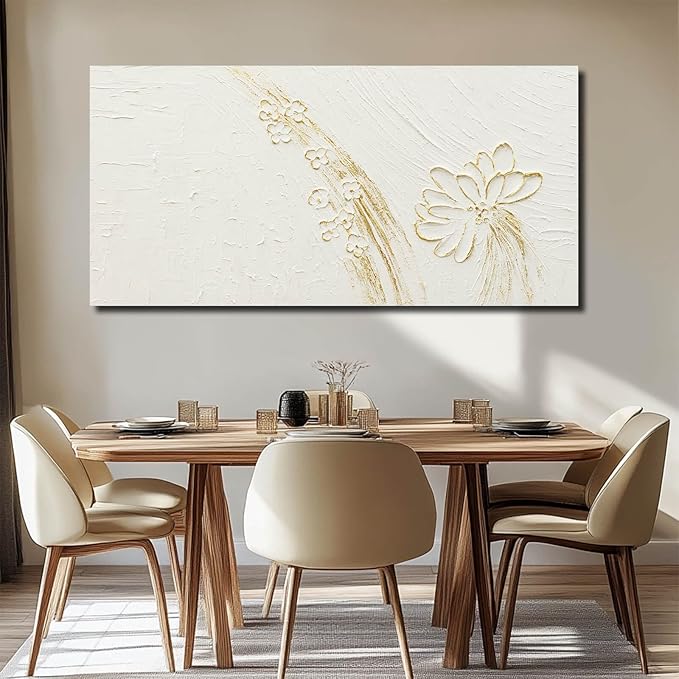 VAYIMDH White Paintings Texture Wall Art Canvas Pictures Gold Hand Drawn Arts Beautiful Floral Wall Decor for Home Office 24"x48"