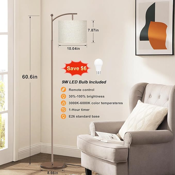 Ambimall 60" Floor Lamps with Remote Control & Bulb, Colors Temperature & Brightness Adjustable, Beige Shade & Brown Pole