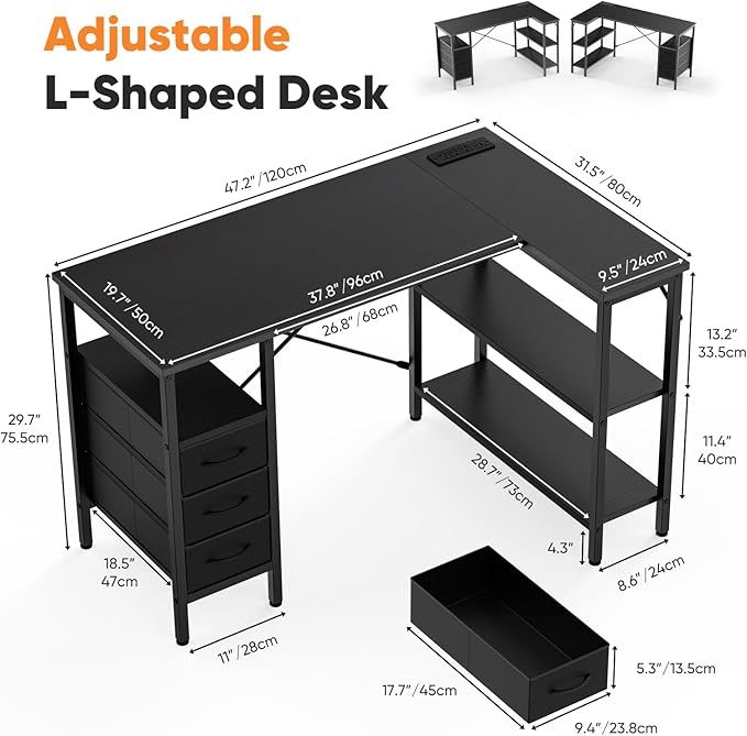 Simple Deluxe L Shaped Gaming Desk with Power Outlets, 47 Inch Computer Desk with 3 Drawers, Shelves, Corner Computer Desk for Gaming, Corner Work, Home Office, Study, Black