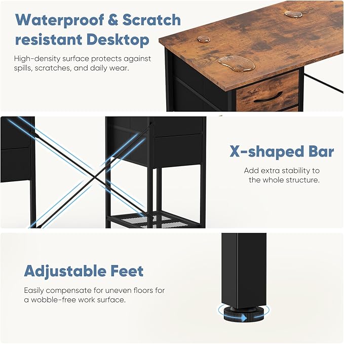 Sweetcrispy Computer Desk with Drawers, 55 Inch Home Office Bedroom Table with 4 Fabric Drawers & 2 Mesh Storage Shelves, Wood Table with X-Shaped Structure for Writing Study PC Desk, Brown