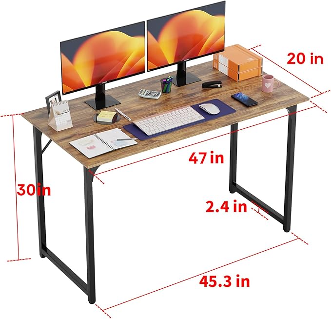 PayLessHere | 47 Inch Computer Desk | Brown | Office Desk with Metal Frame, Adjustable Feet | Water-Resistant, Scratchproof Surface | Sturdy Writing Table for Home Office or Study | Pack of 2