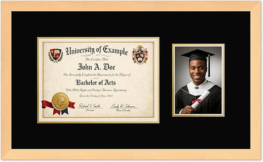 CountryArtHouse Fits 11.69 x 8.27 A4 Certificate and 5 x 7 Photo Diploma and Photo Frame Natural Wood Genuine Hardwood with Black Over Metallic Gold Double mat