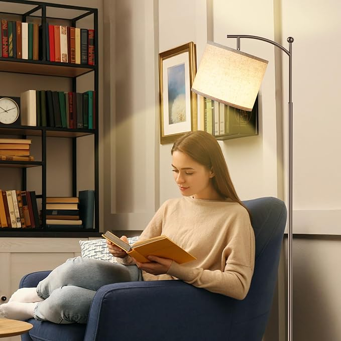 Ambimall 60" Floor Lamps for Living Room with 3 Color Temperatures, Adjustable Beige Shade with Brown Pole, Tall Lamps for Living Room Bedroom Office Classroom Dorm Room, 9W Bulb Included