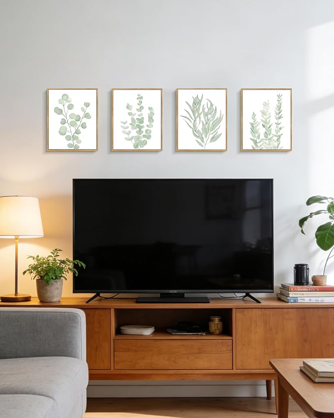 Drsoum Framed Botanical Plant Canvas Wood Wall Art Light Green Sage Wall Decor Eucalyptus Leaf Picture for Bedroom Living Room Bathroom Office 8”x 10” x 4pcs