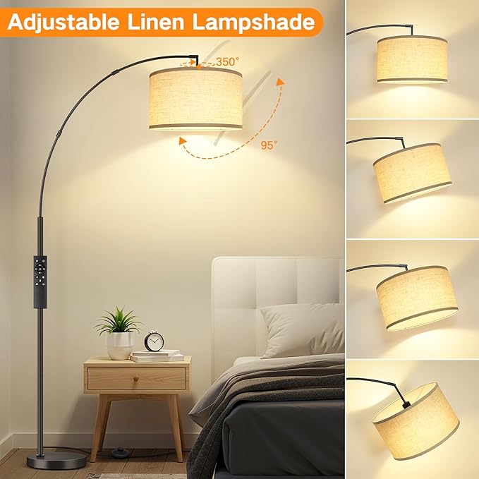 OUTON 81" Arc Floor Lamp, 12W 1080LM LED Dimmable Floor Lamp with 16" Beige Lampshade, Remote Control & Foot Switch, 4 Colour Temperatures, Tall Standing Lamp for Living Room Bedroom Office, Black