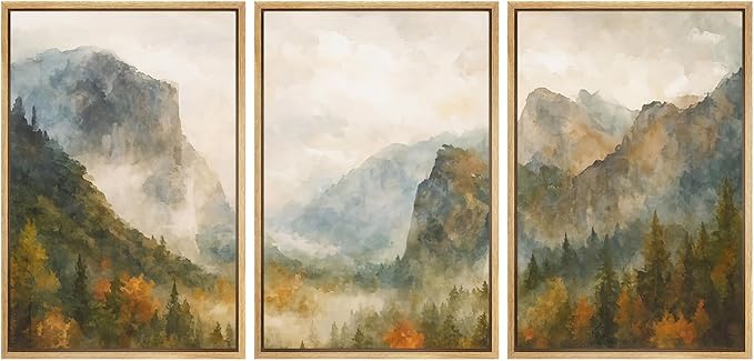 SIGNFORD Framed Wall Art Print Set Misty Mountain Valley Watercolor Serene Nature Landscape Digital Art Modern Art Contemporary for Living Room, Bedroom, Office - 24"x36"x3 Natural