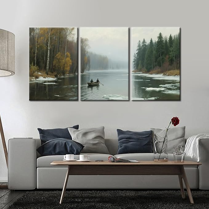 Mountain Scenery Wall Art Boat and River Landscape Canvas Poster Print Winter Natural Vintage Picture Painting Wooden Framed for Modern Home Hotel Wall Decoration Stretched and Framed [72''Wx36''H]