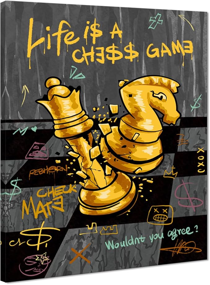 Motivational Wall Art, Abstract Chess Painting Positive Canvas Print LIFE IS A CHESS GAME Quotes Wall Decor Inspirational Poster Black Gold Office Picture Artwork Modern Home Decoration,18"x24" Framed