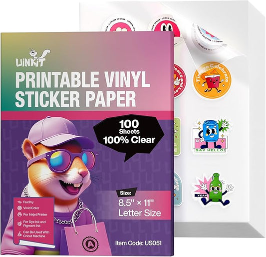 Uinkit 100% Clear Sticker Paper - Letter Size 8.5"x11" | works with Inkjet Printers | Removable, Non-Yellowing & Waterproof | For Product Package, Glass Jars & Invisible Branding | 100 Sheets
