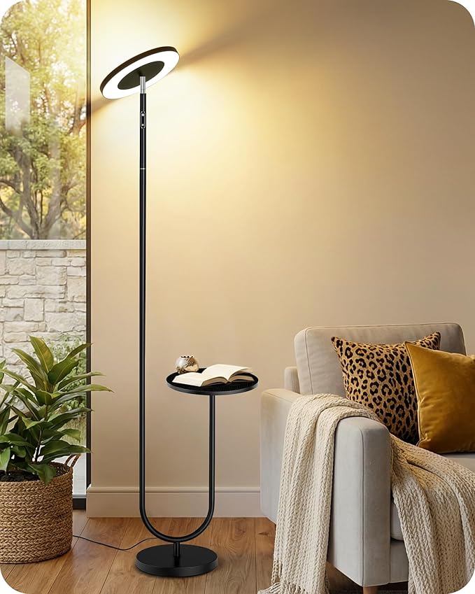 Floor Lamp with Table, Dimmable Standing Light with 3 Temperatures & Remote Control, LED Up and Down Lighting with Tray, Modern Reading Torchiere Corner Lamp for Bedroom Office Black,B24LD05