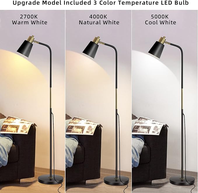 Floor Lamp, 3-Color TemperatureFloor Lamps for Living Rooms & Bedrooms, Farmhouse Reading Lamp - Standing, Adjustable Metal Heads Indoor Task Lighting for Living Room Bedroom Office (3-Color Black)