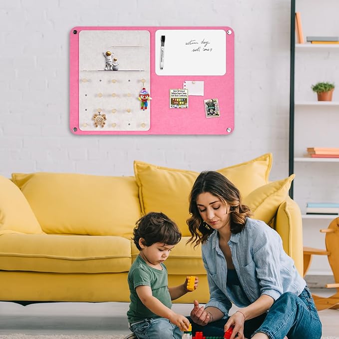 DOLLAR BOSS 3-in-1 Foldable Bulletin Board 16"x24" Horizontal- Magnetic Whiteboard with Cork & Acrylic Shelves, Sound-Absorbing Felt for Home/Office/Dorm Includes Pins/Magnets (Pink)