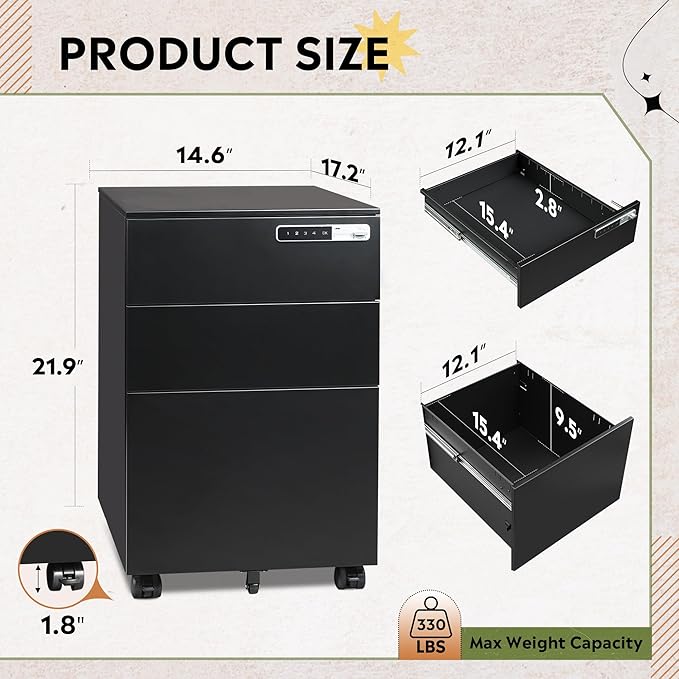 DEVAISE 3 Drawer File Cabinet with Combination Lock, Fully Assembled Metal Filling Cabinet Except Wheels, Mobile Under Desk File Cabinets for Home Office, Black