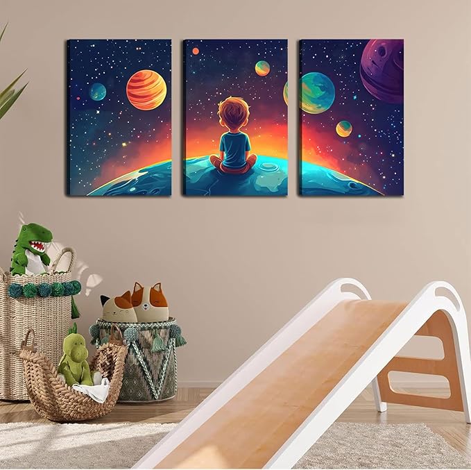 3Pcs Space Boy Canvas Wall Art Cute Inspirational Space Fantasy Wall decor pictures with Planet Pattern poster Prints Painting for Child’s Bedroom and Home Decoration Ready To Hang 12x16in canvas