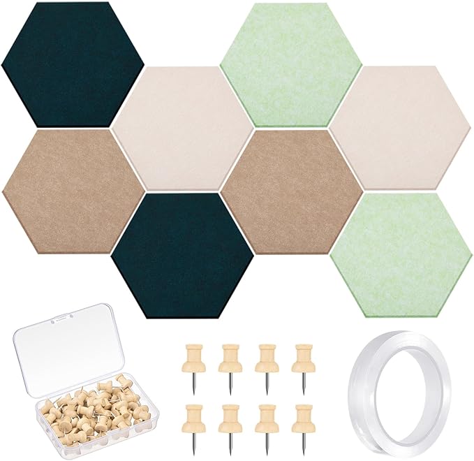 16 Pcs Hexagon Cork Board for Walls with 50 Wooden Push Pins 12x10 in Felt DIY Tiles Notice with Nano Tape Hanging Bulletin Board for Home Photo Office Memo Note (Green)