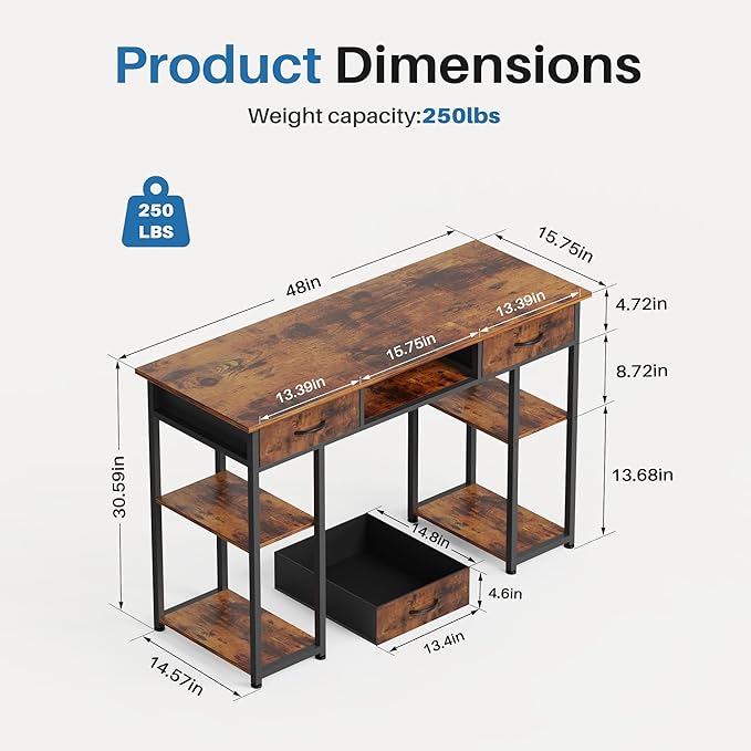 OLIXIS Desk with Storage Fabric Drawers 48 Inch, Home Office Computer Desk for Small Space Bedroom,Modern Study Work Gaming Writing Table PC Desks,Chic Brown