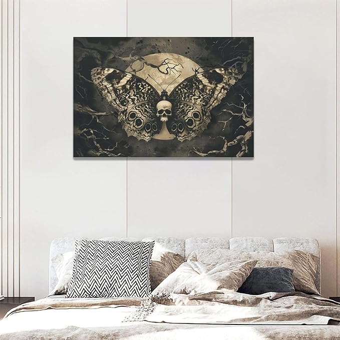 Skull Gothic Wall Art Skeleton Butterfly Dark Spooky Pictures Wall Decor Goth Horror Canvas Painting Home Modern Artwork Decorations Framed for Bathroom Living Room Bedroom Office 24x16 inch