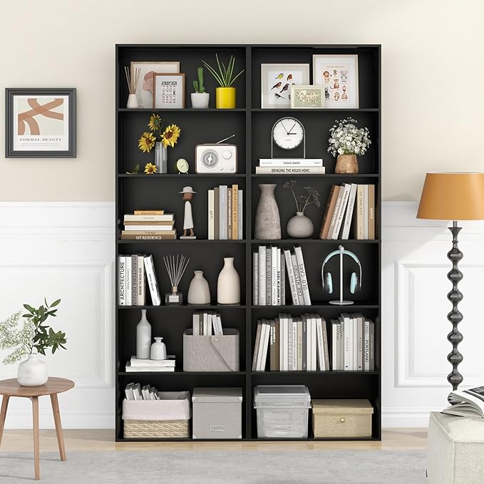 Giantex 6-Tier Bookcases Set of 2, 70" Tall Wooden Bookshelf, Freestanding Storage Organizer w/Open Shelves, Anti-Tipping Kits, Modern Floor Standing Display Shelves for Living Room, Bedroom, Black