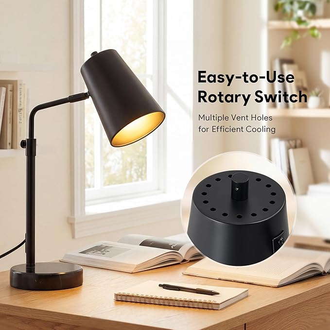 VONLUCE 20" Desk Lamp with LED Bulb, Metal Table Lamp Marble Base, Mid Century Modern Reading Lamp Office, Industrial Task Lamp Work Lamp for Reading Bedroom, Black