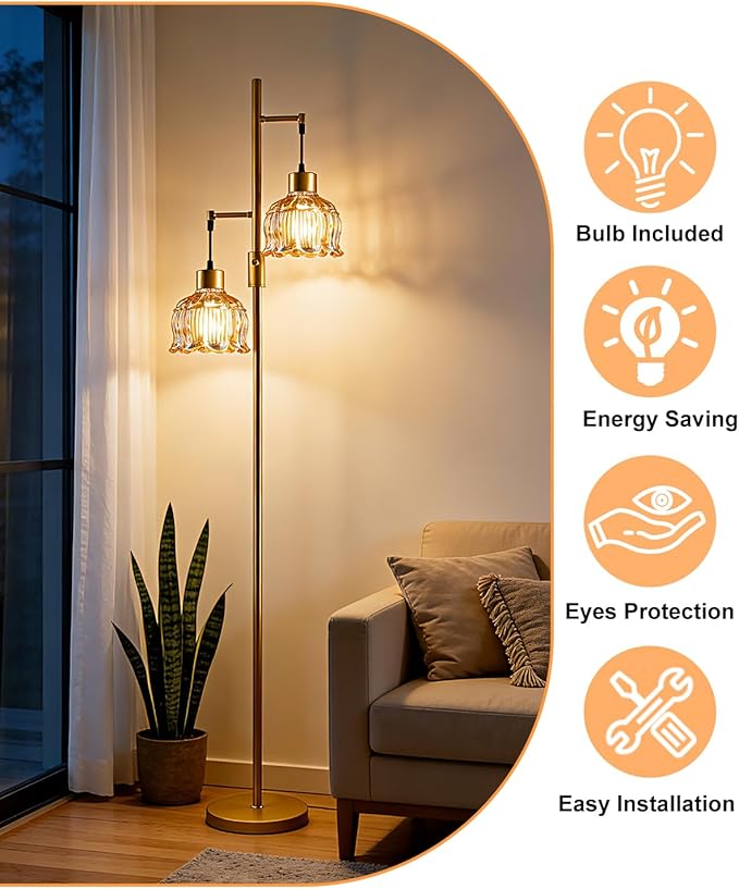 Lightdot 2- Light Gold Flower Floor Lamp, 65IN Brown Glass Floor Lamps with 3000K Warm White Bulbs, Modern Standing Tall Lamp for Living Room Bedroom Home Office Corner Sofa Beside
