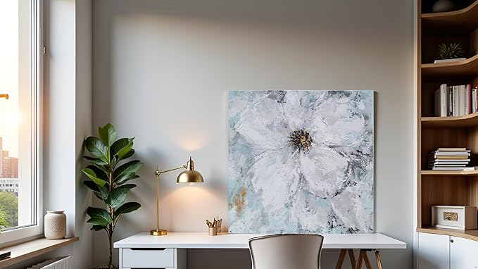 Yihui Arts White Flower Painting - Hand Painted Grey Floral Canvas Wall Art for Home Decor