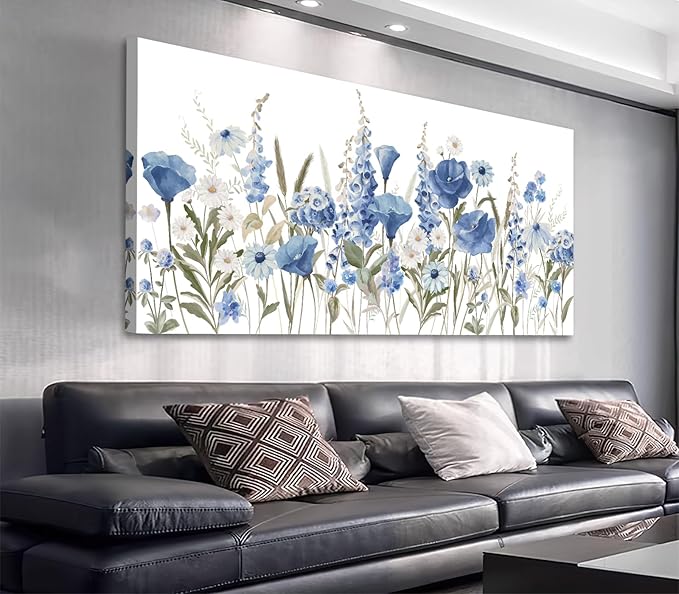 arteWOODS Elegant Flowers Wall Art - Blue White Botanical Pictures for Wall Decor Floral Blossom Canvas Painting Print Artwork for Living Room Bedroom Home Office Wall Decoration 24" x 48"