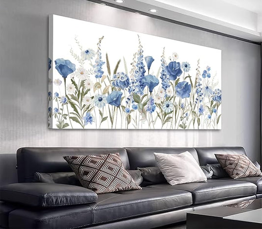 arteWOODS Elegant Flowers Wall Art - Blue White Botanical Pictures for Wall Decor Floral Blossom Canvas Painting Print Artwork for Living Room Bedroom Home Office Wall Decoration 29" x 58"