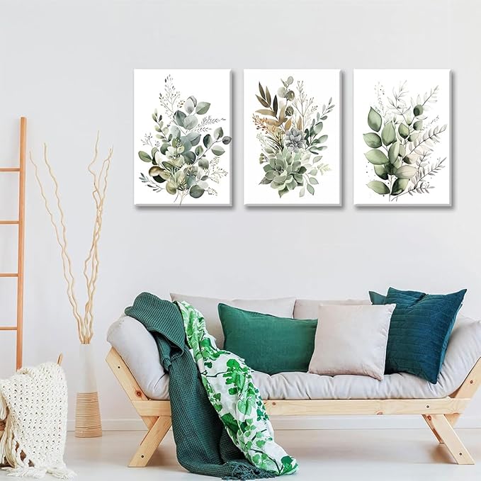 Bwodke Botanical Wall Art Plant Floral Watercolor Canvas Prints Set of 3 Framed Sage Green Painting Eucalyptus Leaf Picture Modern Minimalist Boho Decor Bedroom Bathroom Living Room 12"x16"