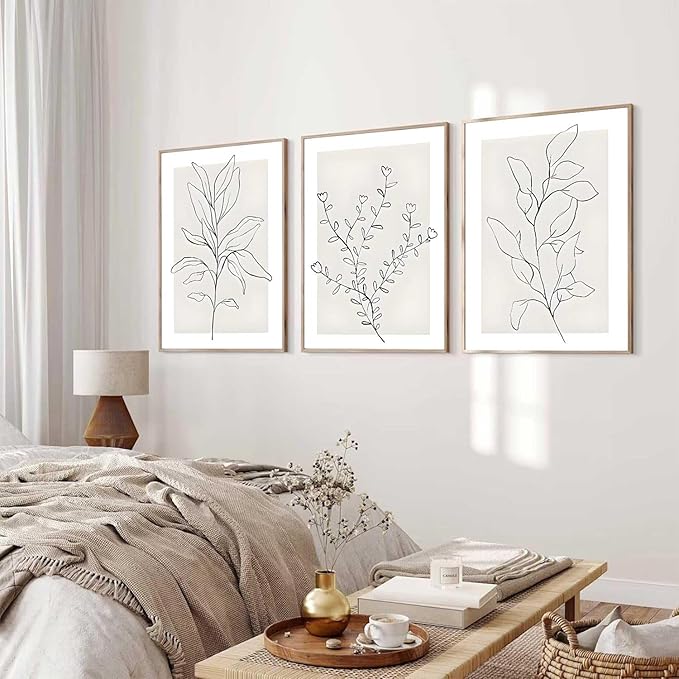 3Pcs Neutral Botanical Wall Art Minimalist Abstract Botanical Line Canvas Posters Prints Modern Beige Boho Plant Paintings Wall Decor Pictures for Bedroom Living Room Home Decoration, Unframed