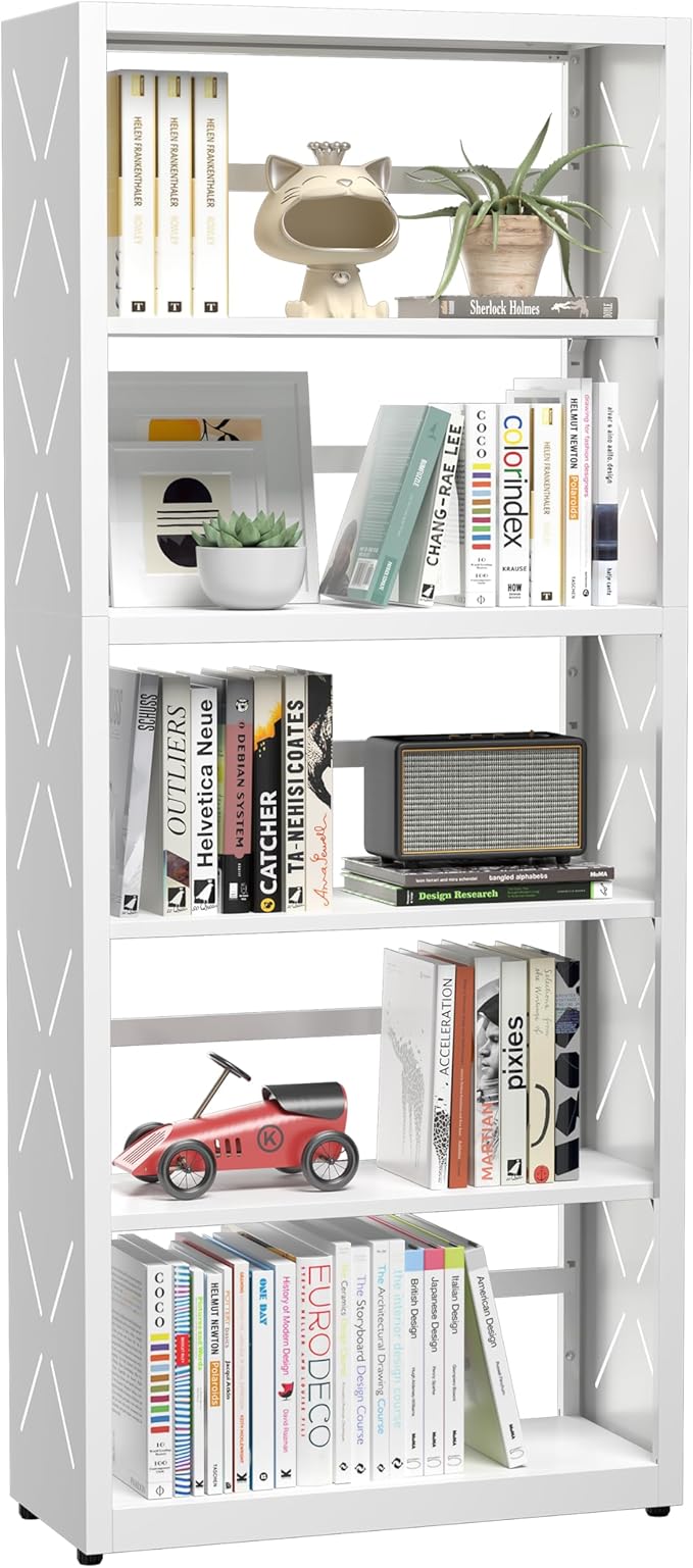 5 Tier Bookshelf, 55"Tall Metal Bookcase with Adjustable Shelves, Modern Display Book Shelf, White Bookcase Shelf, Utility Shelf, Storage Shelves for Office, Living Room, Kitchen, Study-23"W