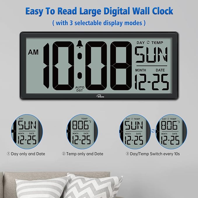 WallarGe 14.5'' Large Digital Wall Clock Battery Operated with Jumbo Numbers, Temperature and Date - Easy to Read and Set, Auto DST