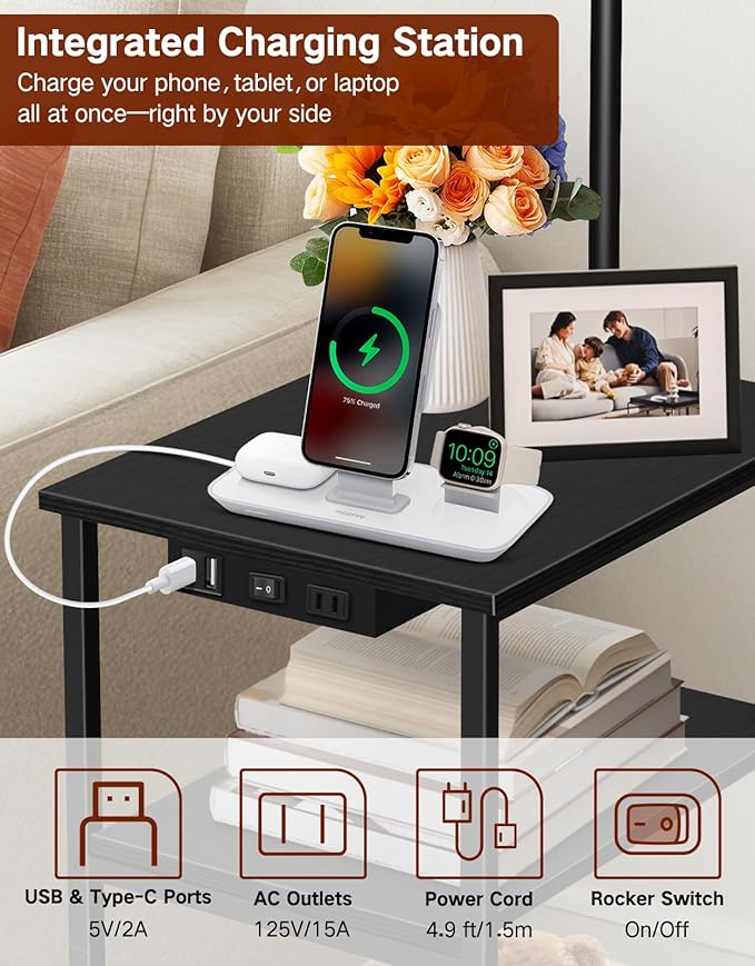 Floor Lamp with Table & Rattan Shade, Side End Table with Charging Station, Dimmable Nightstand with 3 Color Temperatures, 1-Hour Timer, 12W LED Bulb, for Living Room, Bedroom(Black)