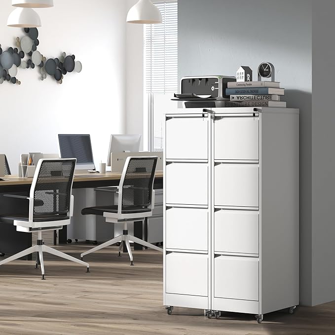 4 Drawer File Cabinet with Wheels,Metal Mobile Filing Cabinets with Lock,White Rolling File Cabinet for Home Office,Heavy Duty Storage Cabinet for A4/Letter/Legal Size File,Assembly Required