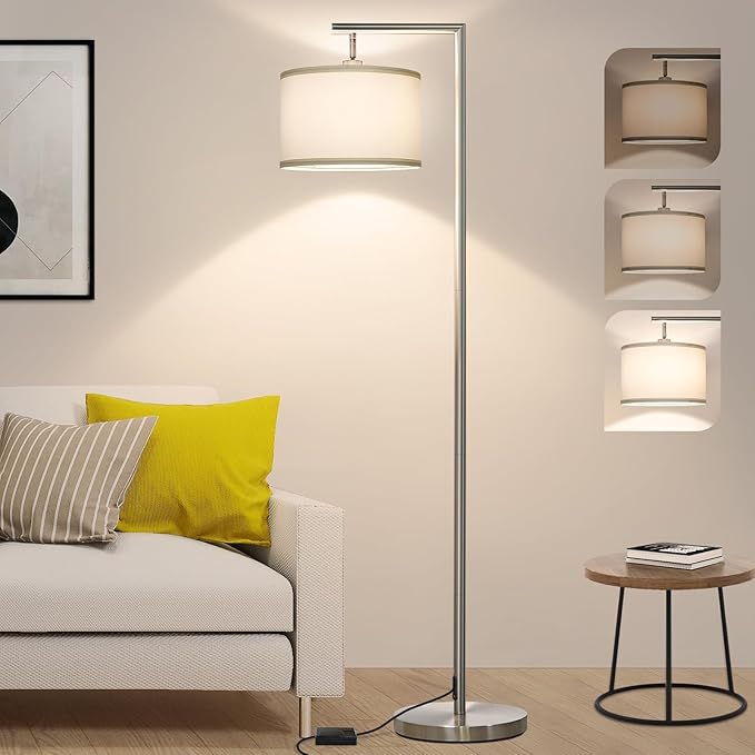 Boncoo Dimmable Silver Floor Lamp, Brushed Nickel Floor Lamps for Living Room with Adjustable White Shade, Tall Standing Lamp Modern Reading Light for Bedroom Office Nursery, 9W LED Bulb Included